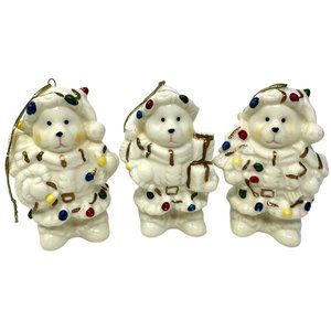 Vintage Porcelain Teddy Bear Ornaments White With Christmas Lights Set of 3